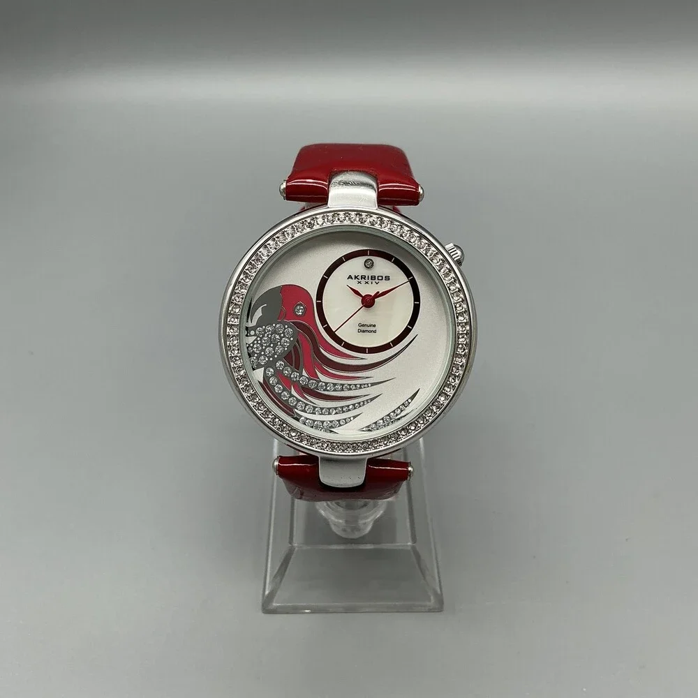 Akribos XXIV Womens Watch 40mm MOP Dial Red Leather Diamond New Battery